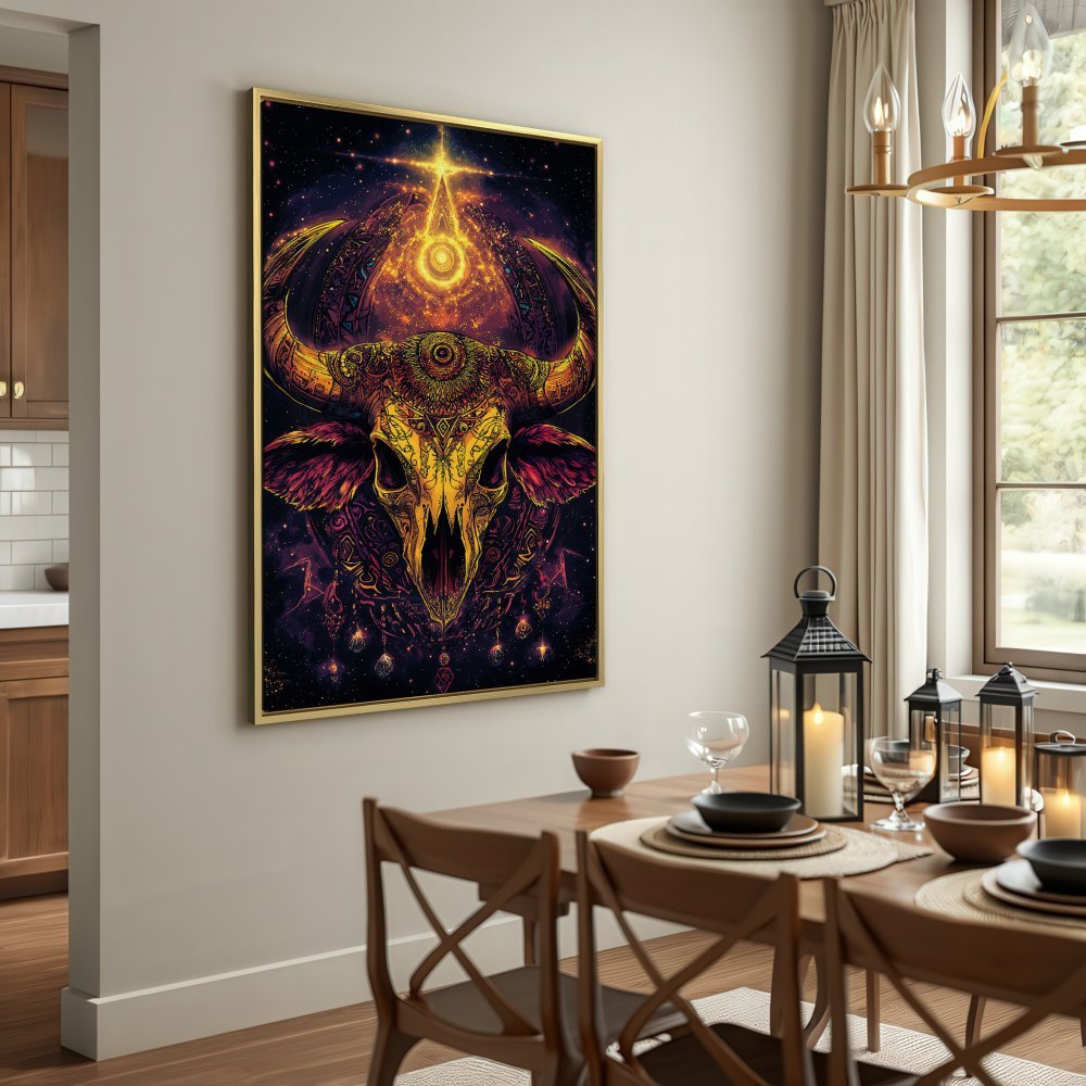 Canvas Print: Mystical bull skull art in gold and purple. Add a touch of boho style to your space with this unique wall art.