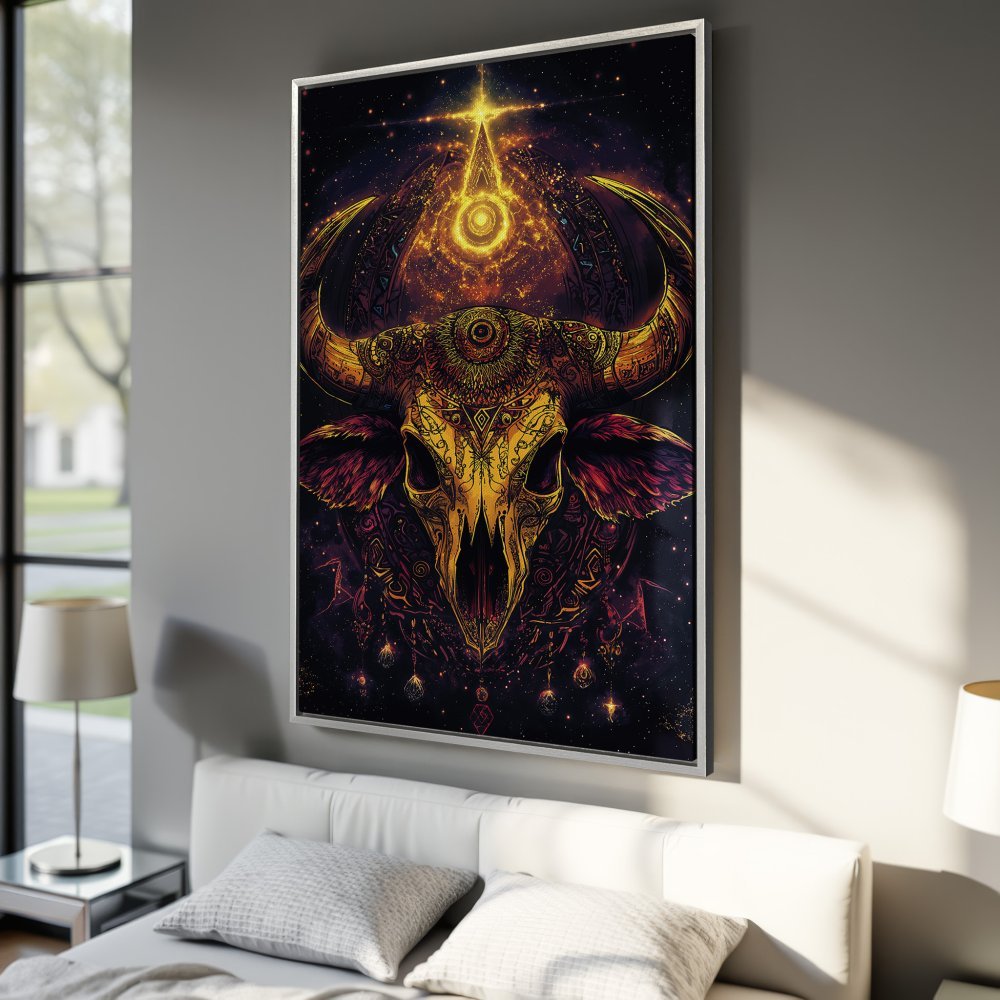 Framed Wall Art: Stunning bull skull art print in vibrant gold and purple hues. Add a touch of cosmic style to your space!