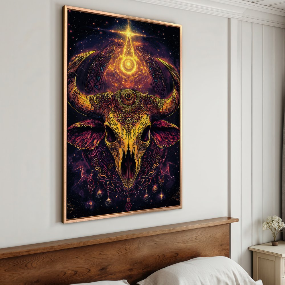 Framed Wall Art: Psychedelic bull skull canvas print in vibrant gold, purple, and red tones. Add a mystical touch to your home decor!