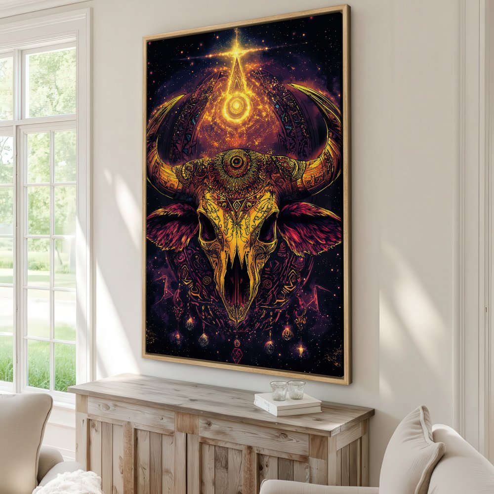 Framed Wall Art: Intricate bull skull art print in vibrant gold, purple, and orange hues. Add a touch of mystical style to your home!