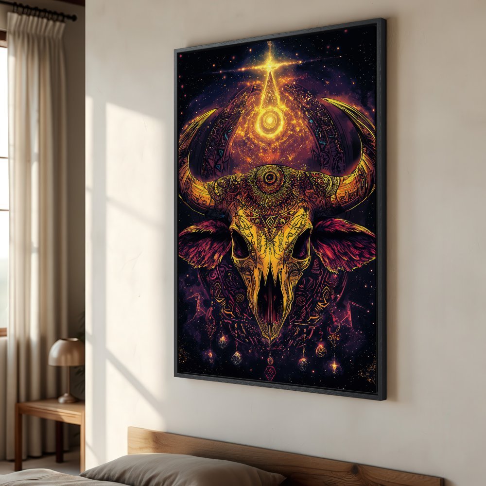 Framed Wall Art featuring a vibrant, psychedelic bull skull. Warm gold, purple, and orange hues. Perfect for adding a mystical touch to your space.