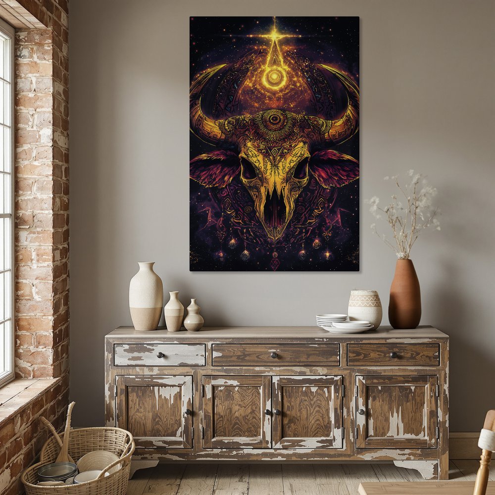 Framed Wall Art featuring a vibrant, psychedelic bull skull. Bold gold, purple, and yellow color palette. Perfect statement piece for your dining room.