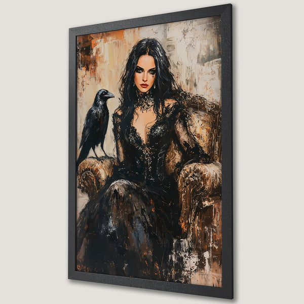 Framed Poster featuring a gothic woman and raven. Dark, dramatic oil painting style with a black, gold, and cream color palette. Add a touch of mystery to your space.