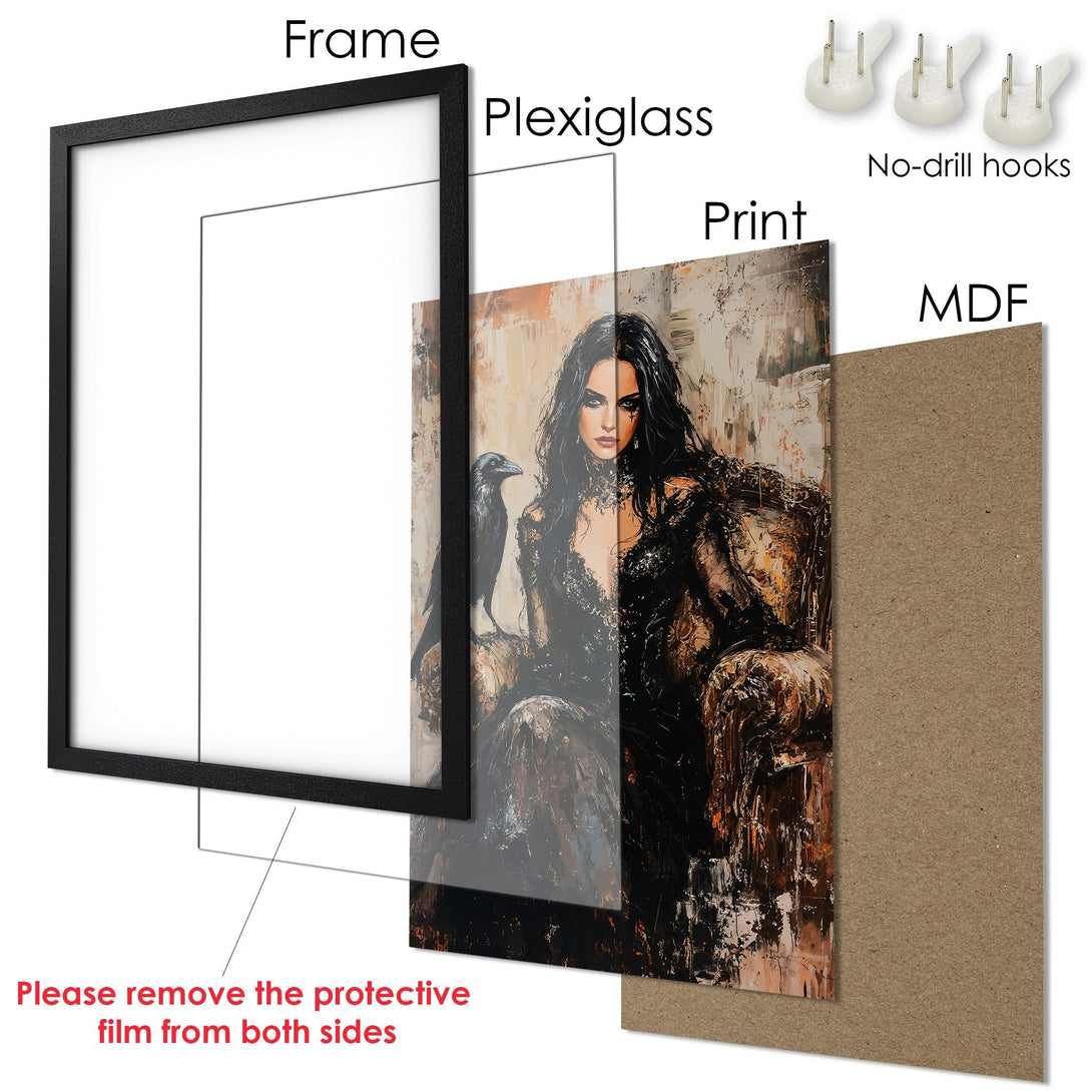 Framed Poster featuring a gothic woman and raven. Dark, moody art print with a neutral color palette. Perfect wall decor.
