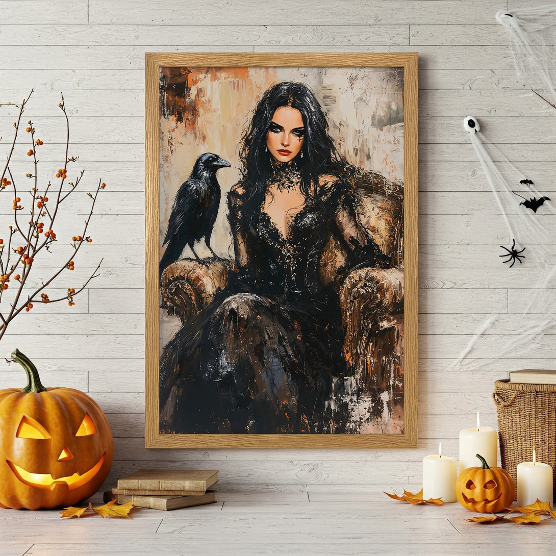 Framed Poster of gothic woman with raven, oil painting style, black & gold palette, perfect Halloween decor.