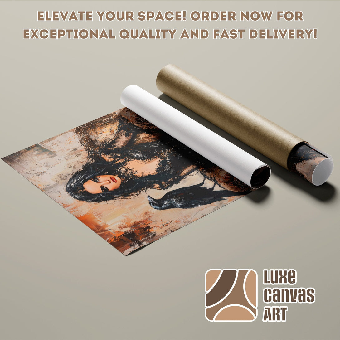 Poster Roll featuring a woman with ravens, in a dark, artistic style with a warm color palette. Order now!