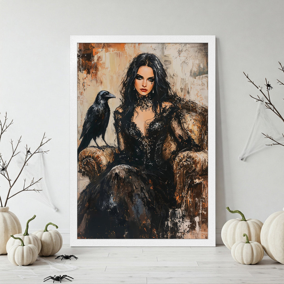 Framed Poster - Gothic woman with raven art. Dark, moody aesthetic in black, gold, and cream tones. Perfect for Halloween decor.
