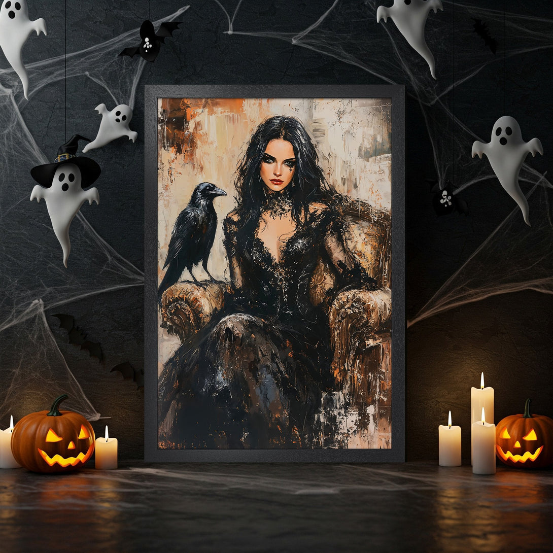 Framed Poster featuring a gothic woman with a raven, dark and moody style, black, white, and gold color palette. Perfect Halloween decor!
