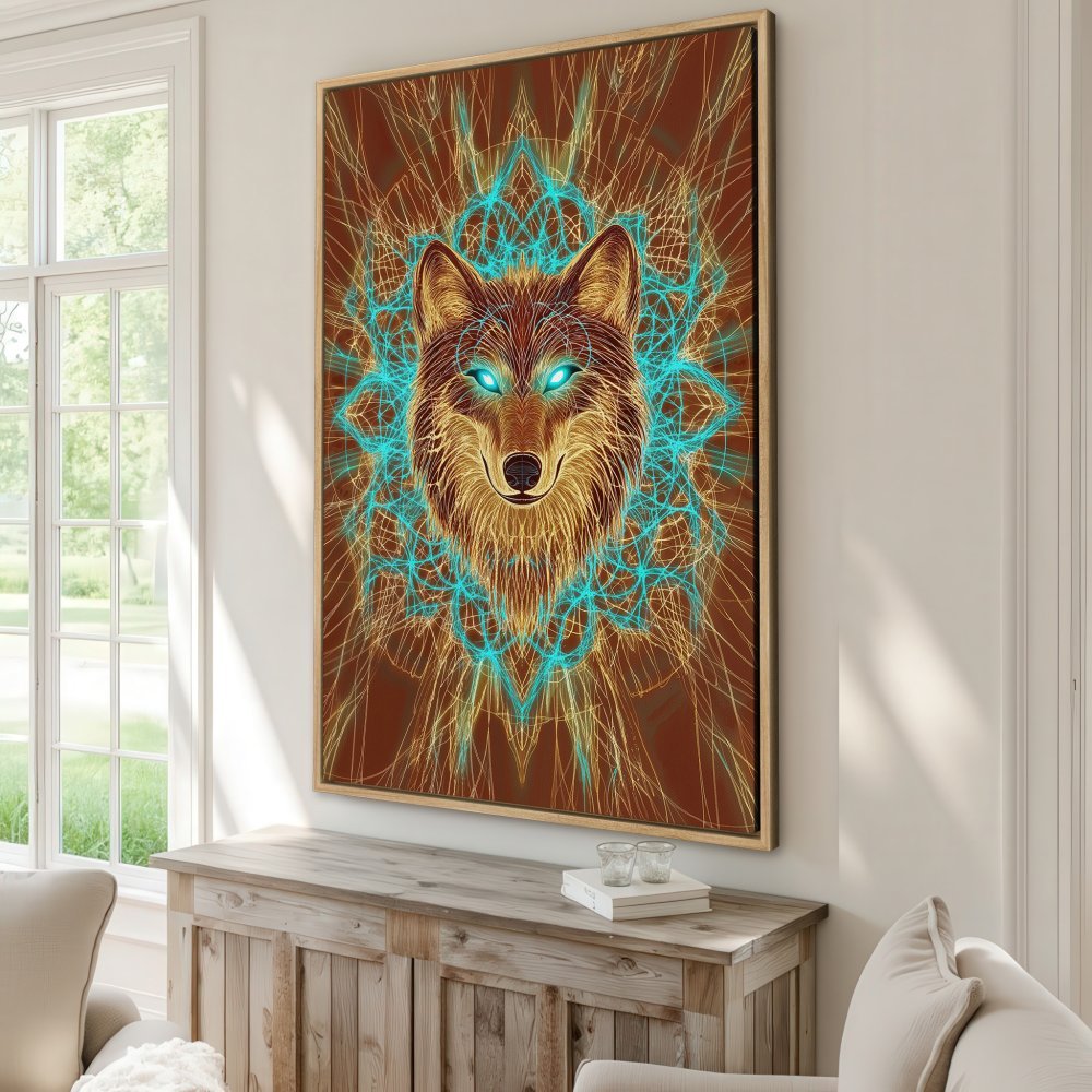 Framed Wall Art: Mystical wolf portrait in warm brown and teal hues. Modern art Canvas Print for a captivating home decor statement.