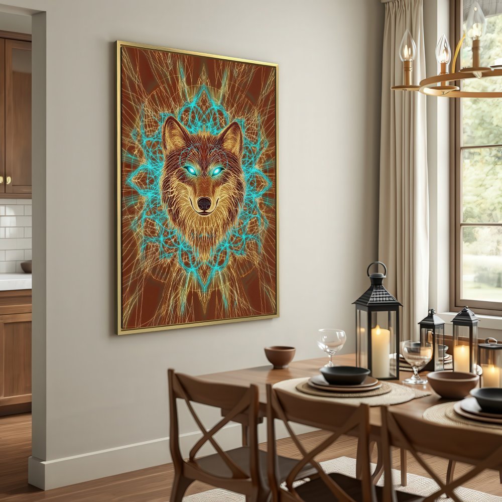 Canvas Print of a mystical wolf art, featuring a teal and gold color palette. Perfect for adding a unique touch to your home decor.
