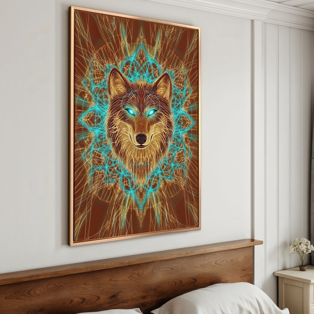 Framed Wall Art: Mystical wolf portrait in brown, gold, and teal. Add a touch of nature and artistry to your space!