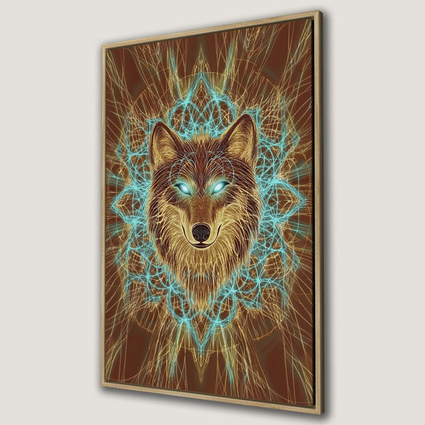 Framed Wall Art: Mystical wolf portrait in warm brown, gold, and teal hues. Add a touch of magic to your space!