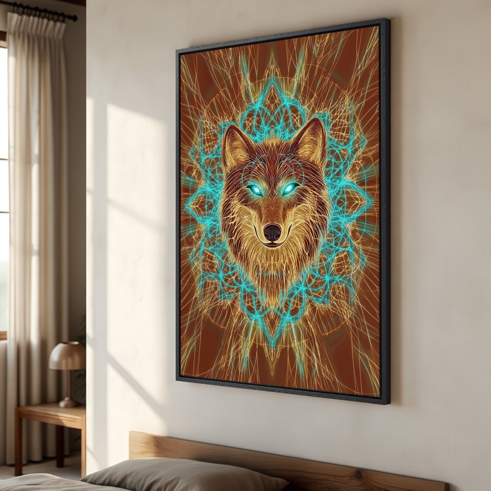 Framed Wall Art: Mystical wolf portrait in warm brown and teal tones. Add a touch of magic to your space with this captivating Canvas Print!