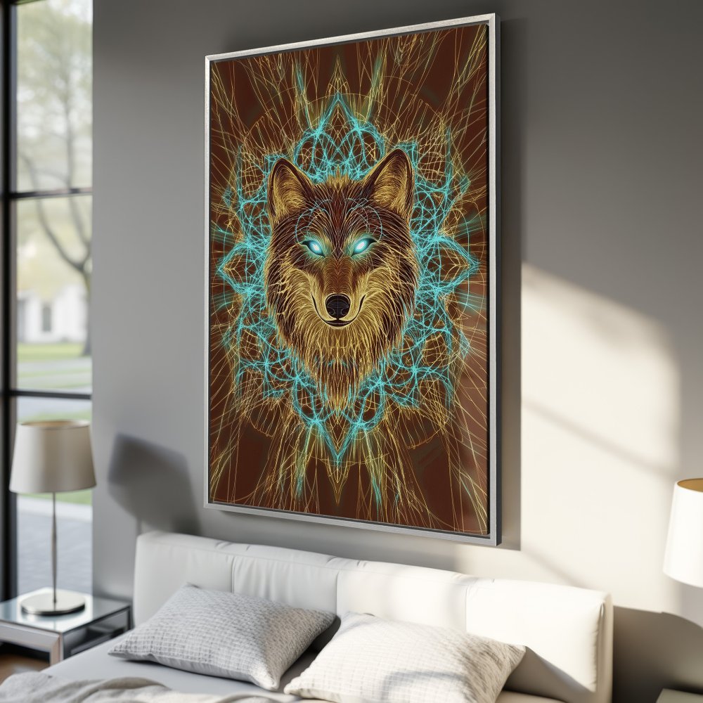 Framed Wall Art: Mystical wolf portrait canvas print in brown, gold, and teal. Transform your space with this stunning, spiritual artwork.