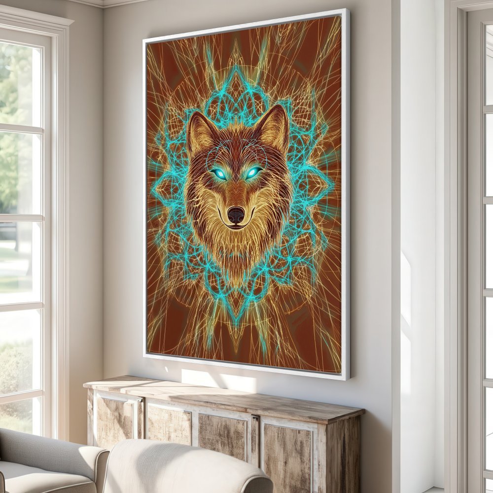 Framed Wall Art: Mystical wolf portrait in warm brown and teal tones. Modern canvas print for a unique home decor statement.
