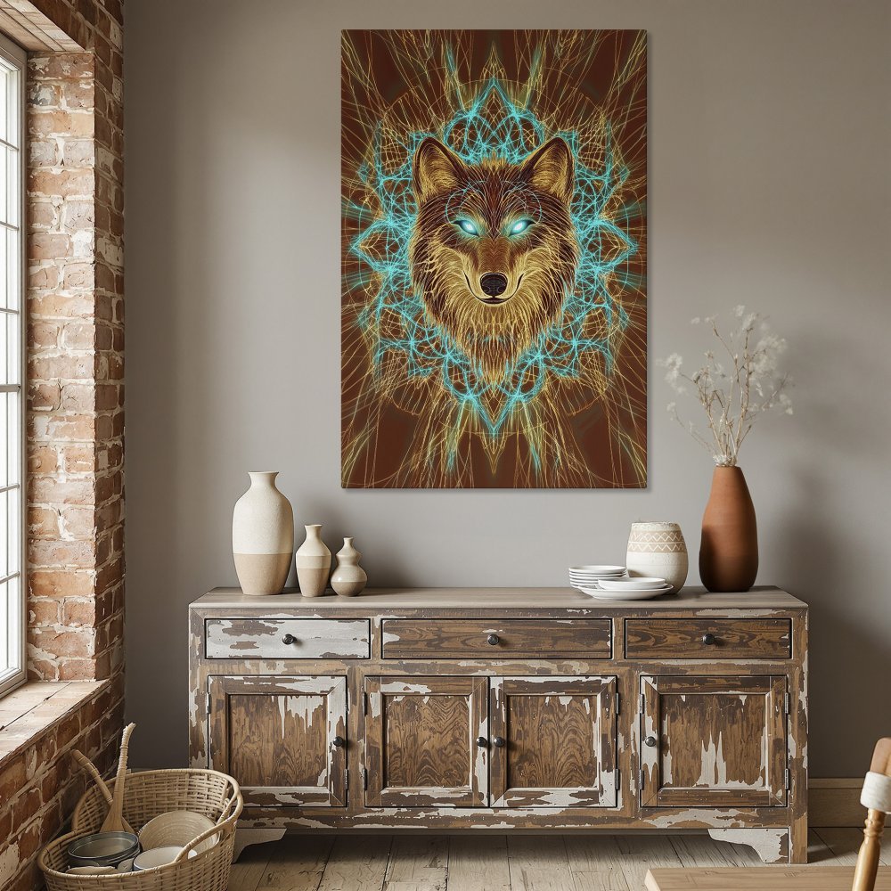 Framed Wall Art featuring a mystical wolf. Abstract style with a brown, gold, and teal color palette. Perfect for adding a unique touch to your home decor.