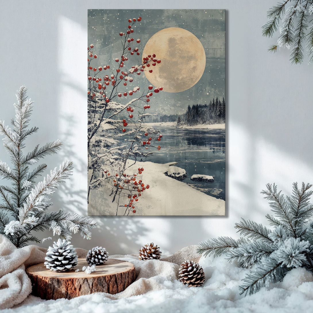 Framed Wall Art: Winter landscape Canvas Print with a full moon, snowy scene, and red berries. Cool blue and neutral tones, perfect for holiday decor.