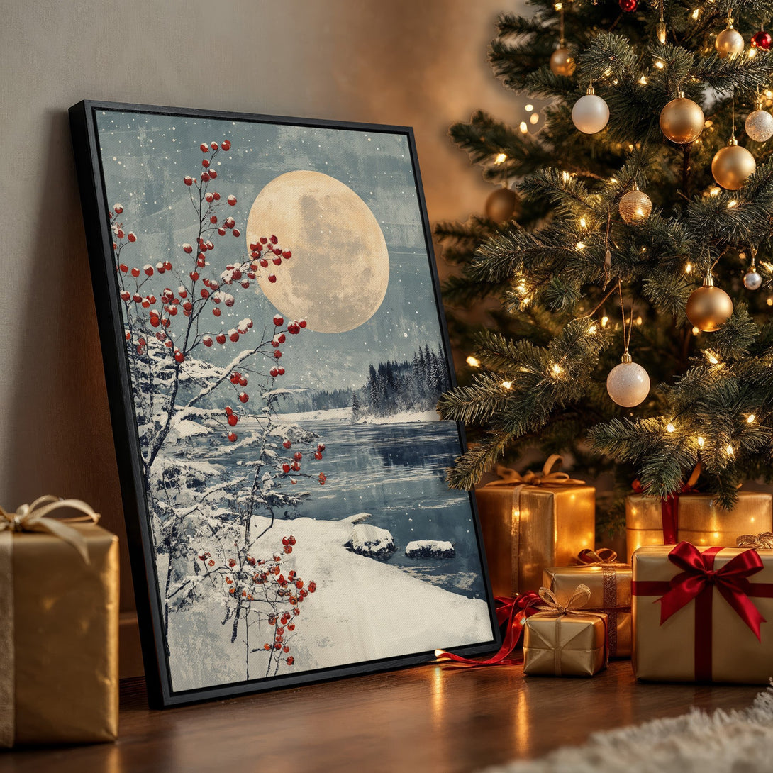 Framed Wall Art: Winter landscape Canvas Print with a serene moon, red berries, and snowy scene. Perfect holiday decor in blue, white, and warm gold tones.
