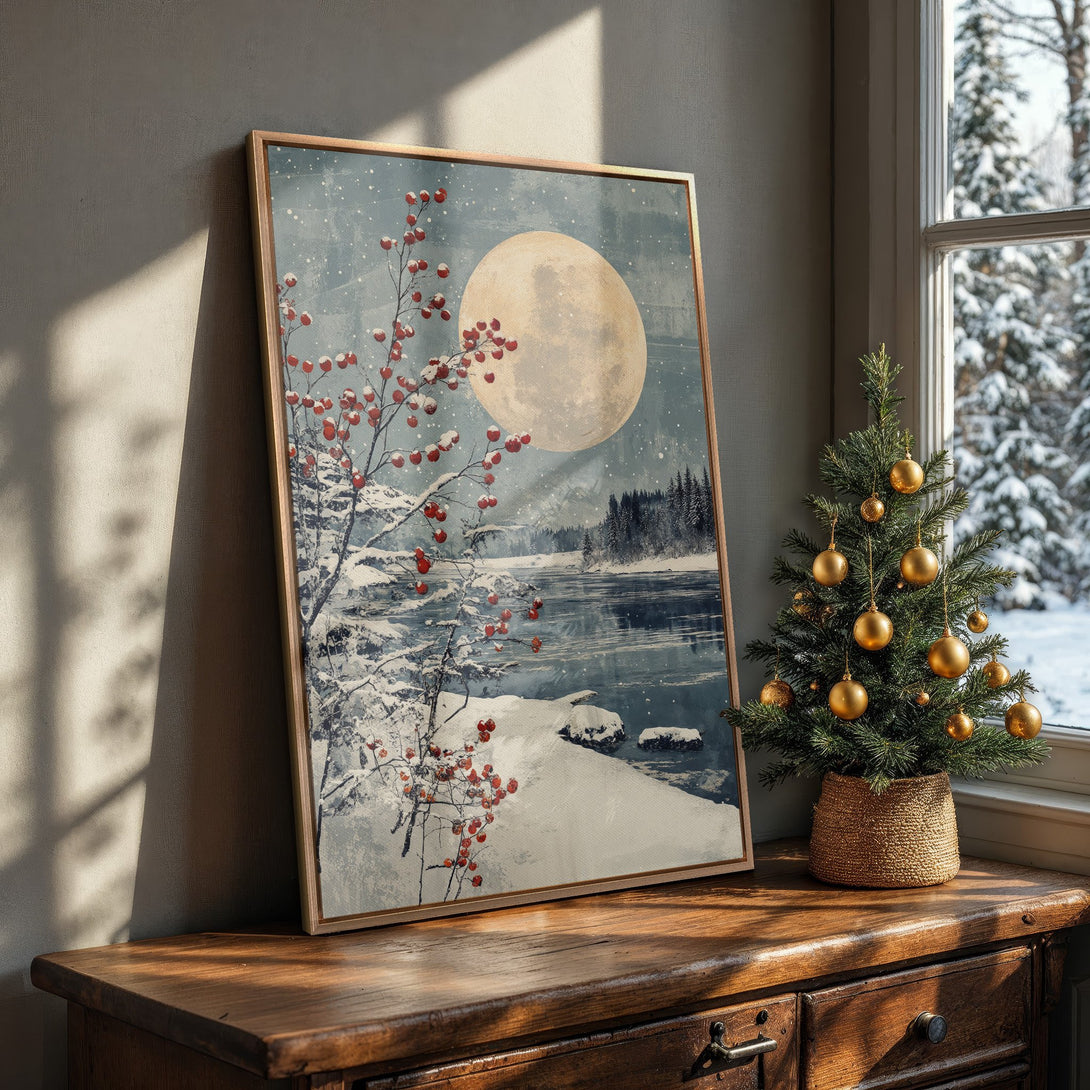 Framed Wall Art: Winter landscape Canvas Print with a serene moonlit scene, featuring snowy river and red berries. Cool blue and white tones create a cozy aesthetic.