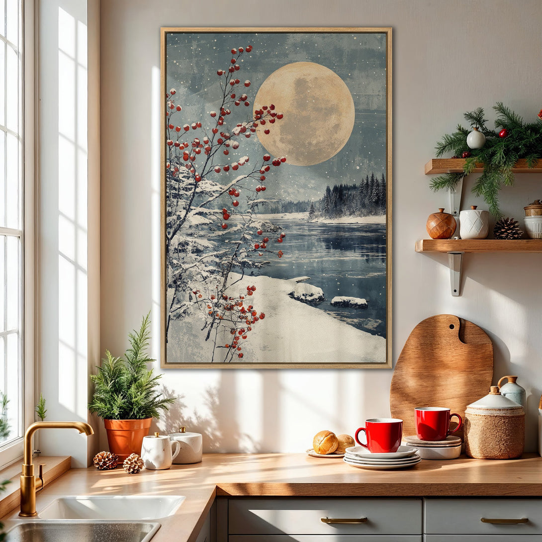 Framed Wall Art: Winter landscape canvas print with a full moon, snowy river, and red berries. Cool blue and white tones create a cozy, seasonal vibe for any room.