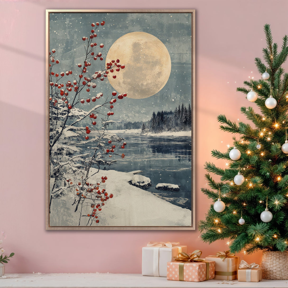 Framed Wall Art: Winter landscape with a full moon, snowy river, and red berries. A beautiful piece with a serene, vintage aesthetic in cool blue and warm tones.