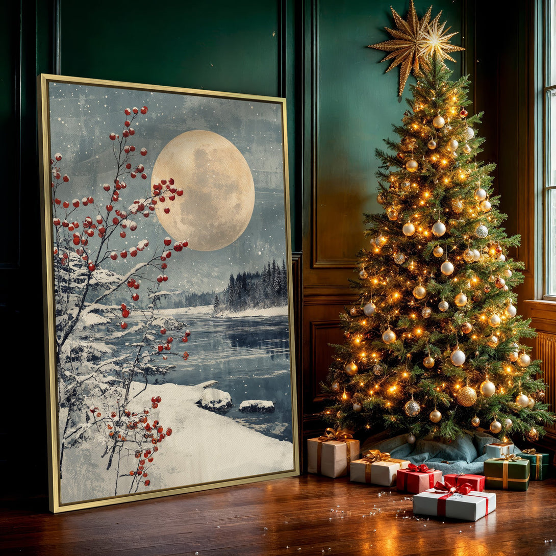 Canvas Print: Winter landscape art with a full moon, snowy river, and red berries. Serene, cool color palette for cozy home decor.