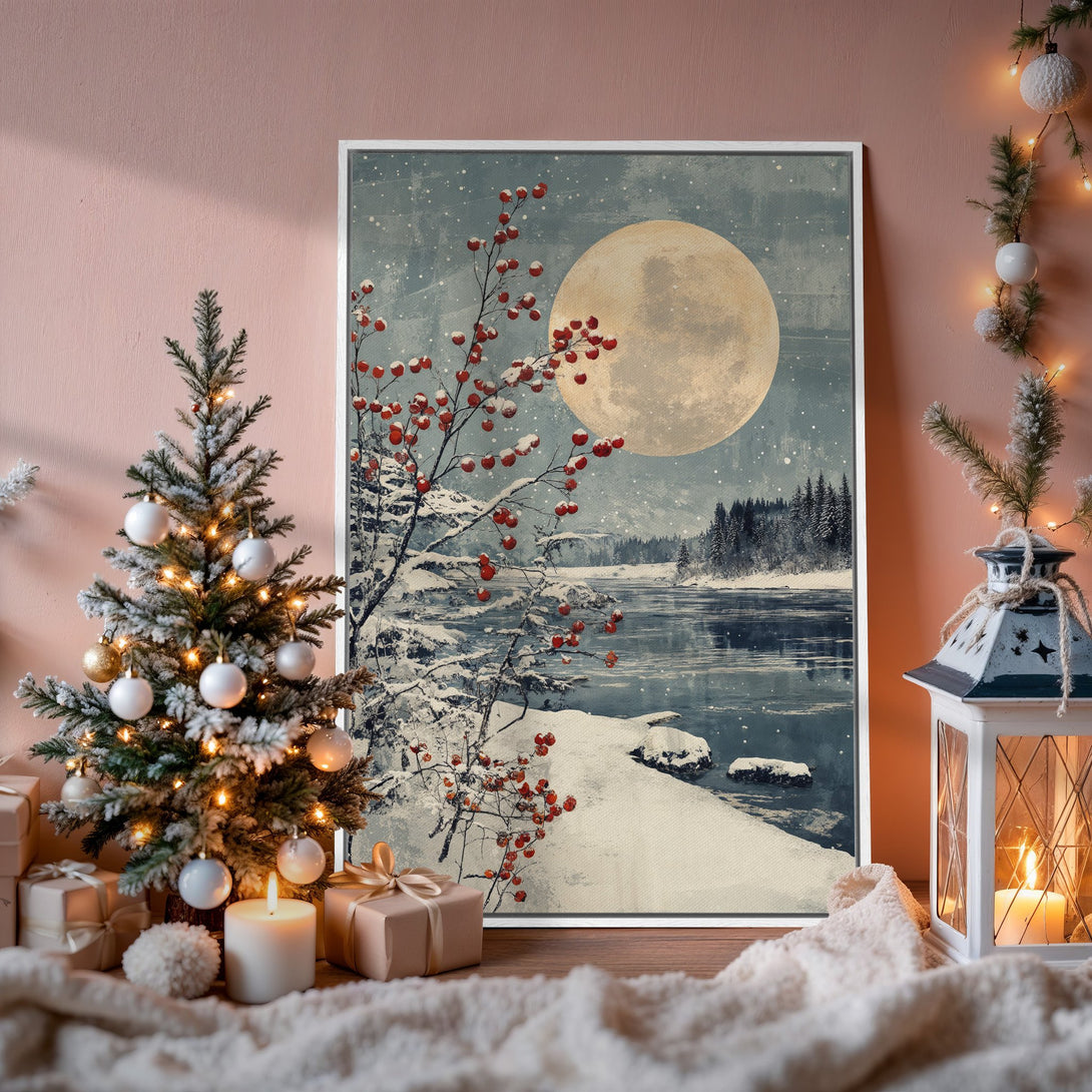 Framed Wall Art: Winter landscape with a full moon. Serene, vintage style with cool blue, white, and red tones. Perfect for cozy home decor.