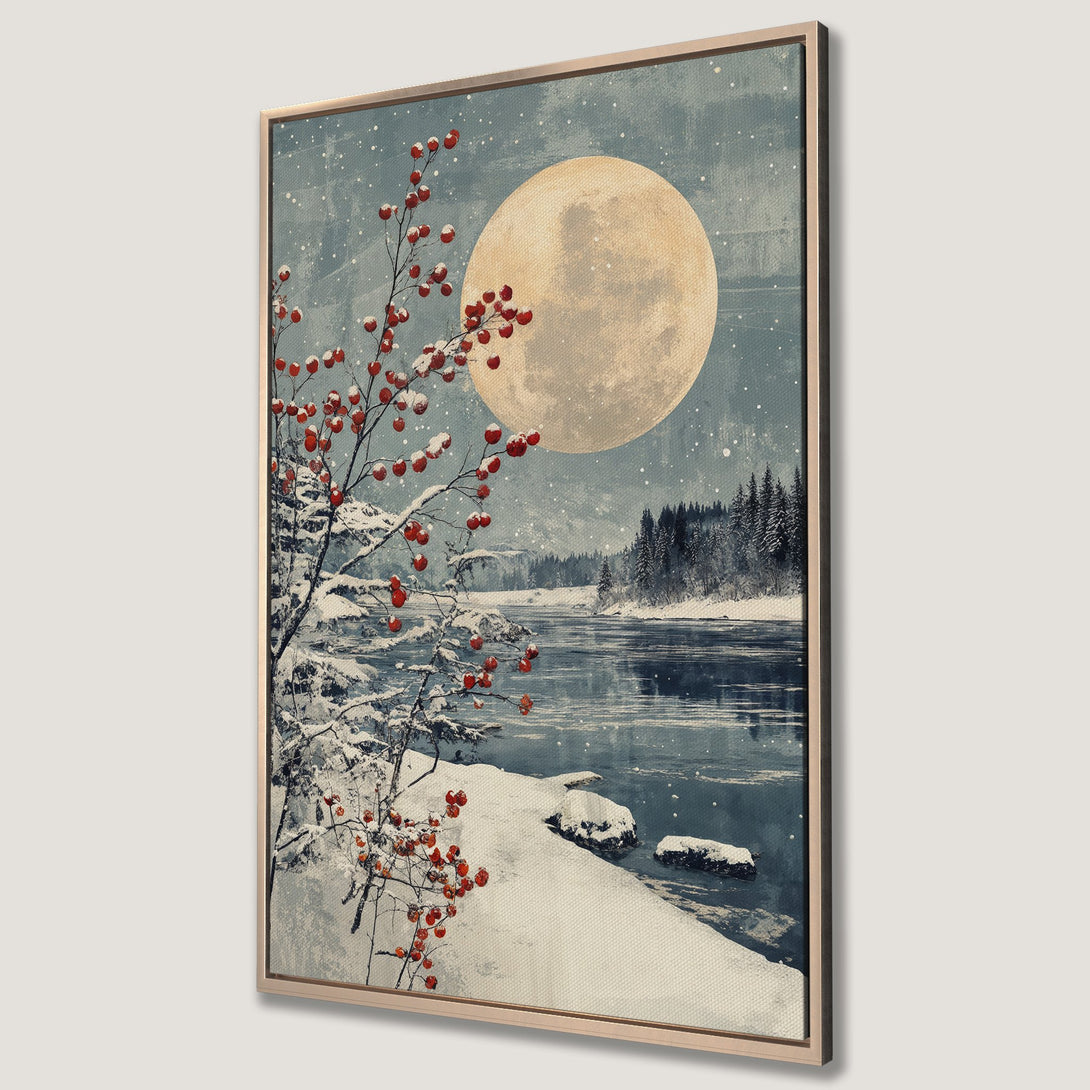 Framed Wall Art: Winter landscape canvas print with a full moon, snowy river, and red berries. Serene, vintage style with cool blue and warm red tones.