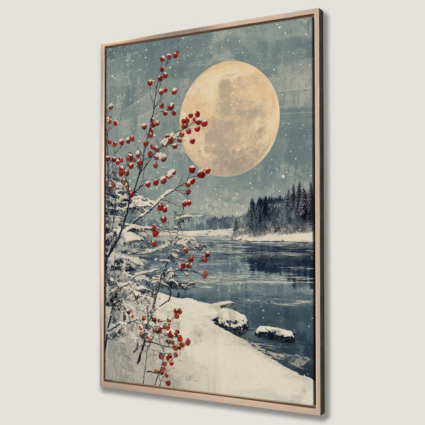 Framed Wall Art: Winter landscape canvas print with a full moon, snowy river, and red berries. Serene, vintage style with cool blue and warm red tones.