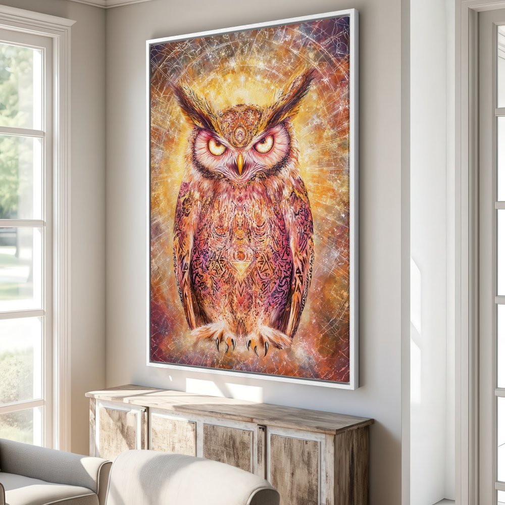 Framed Wall Art: Majestic owl canvas print in warm orange and gold tones. Add a touch of mystical art to your home decor!