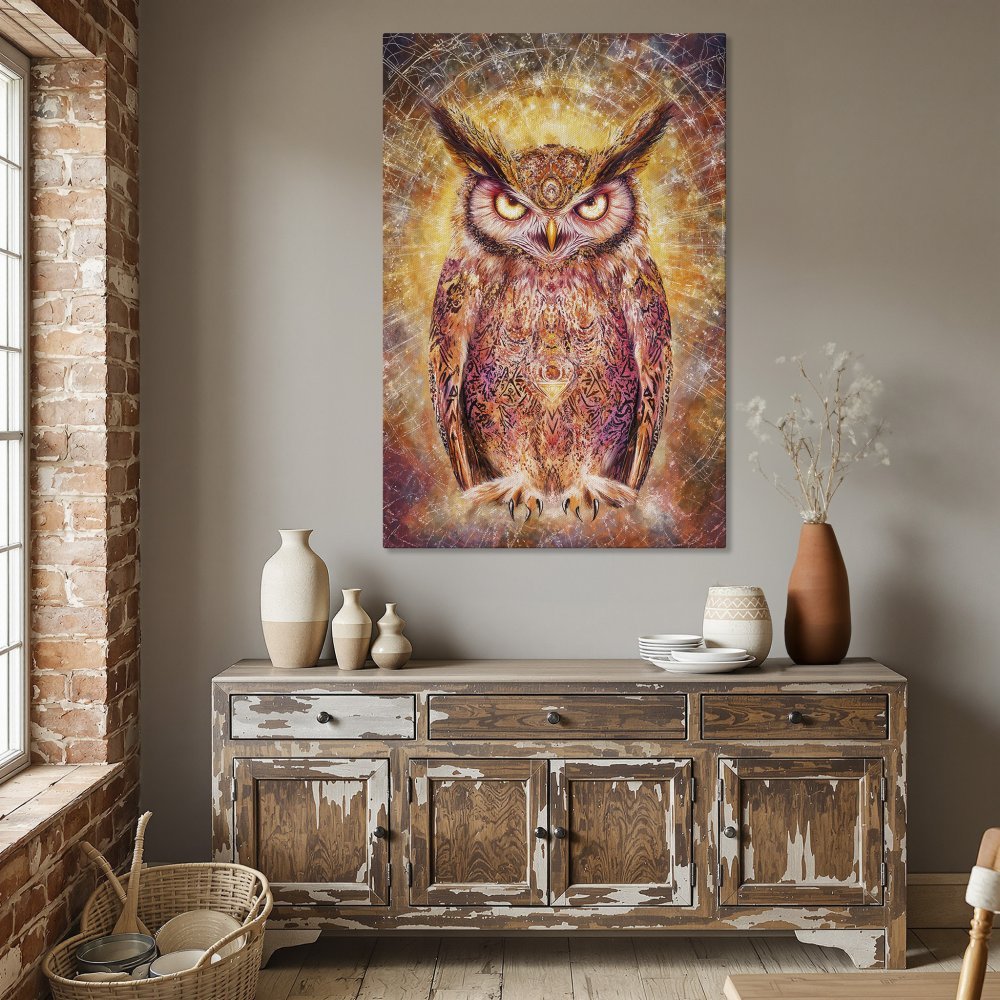 Framed Wall Art: Majestic owl canvas print in warm orange and purple tones, perfect for adding a touch of mystical art to your home decor.