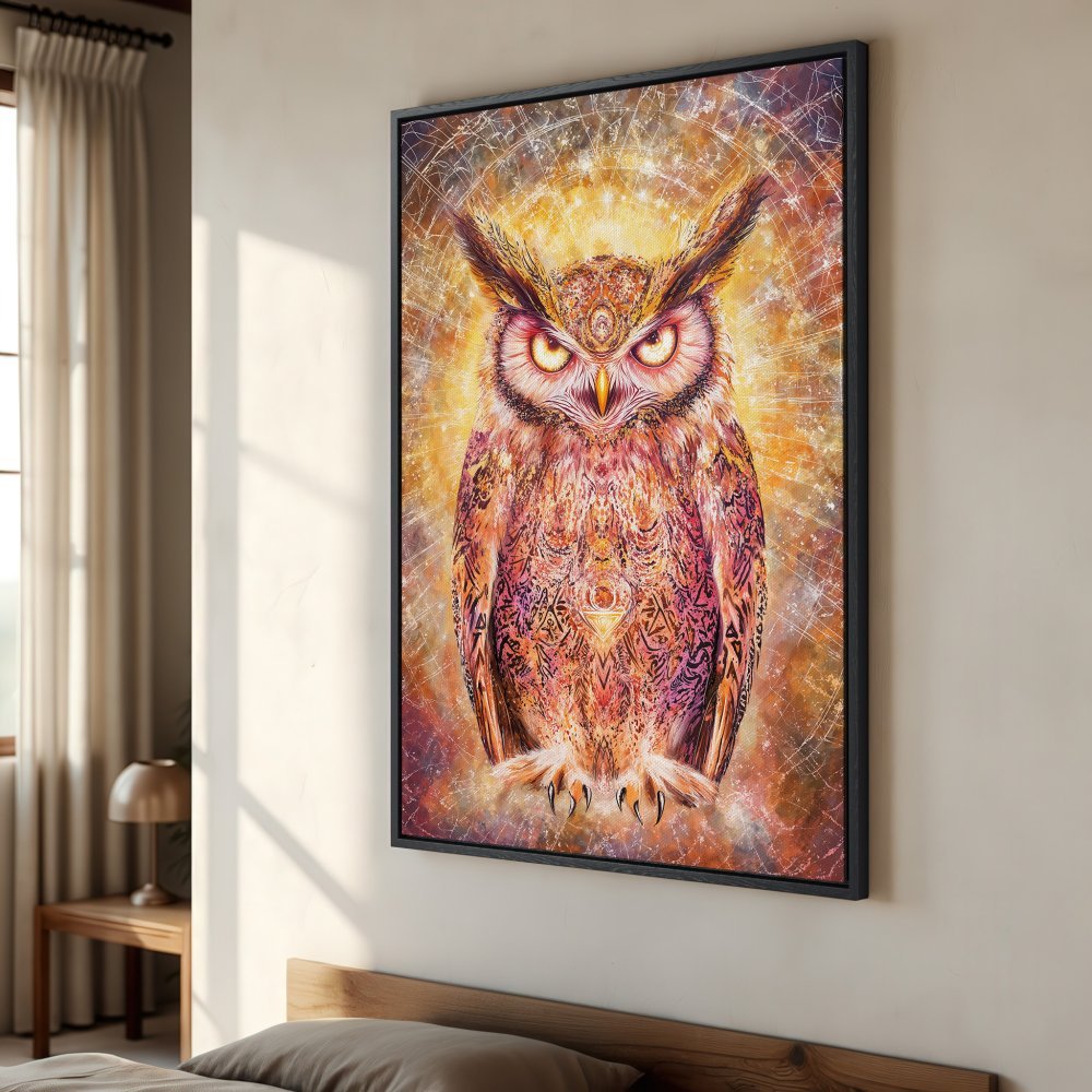 Framed Wall Art: Majestic owl canvas print in warm orange and purple tones. Spiritual art, perfect for bedroom decor. Add a touch of magic!
