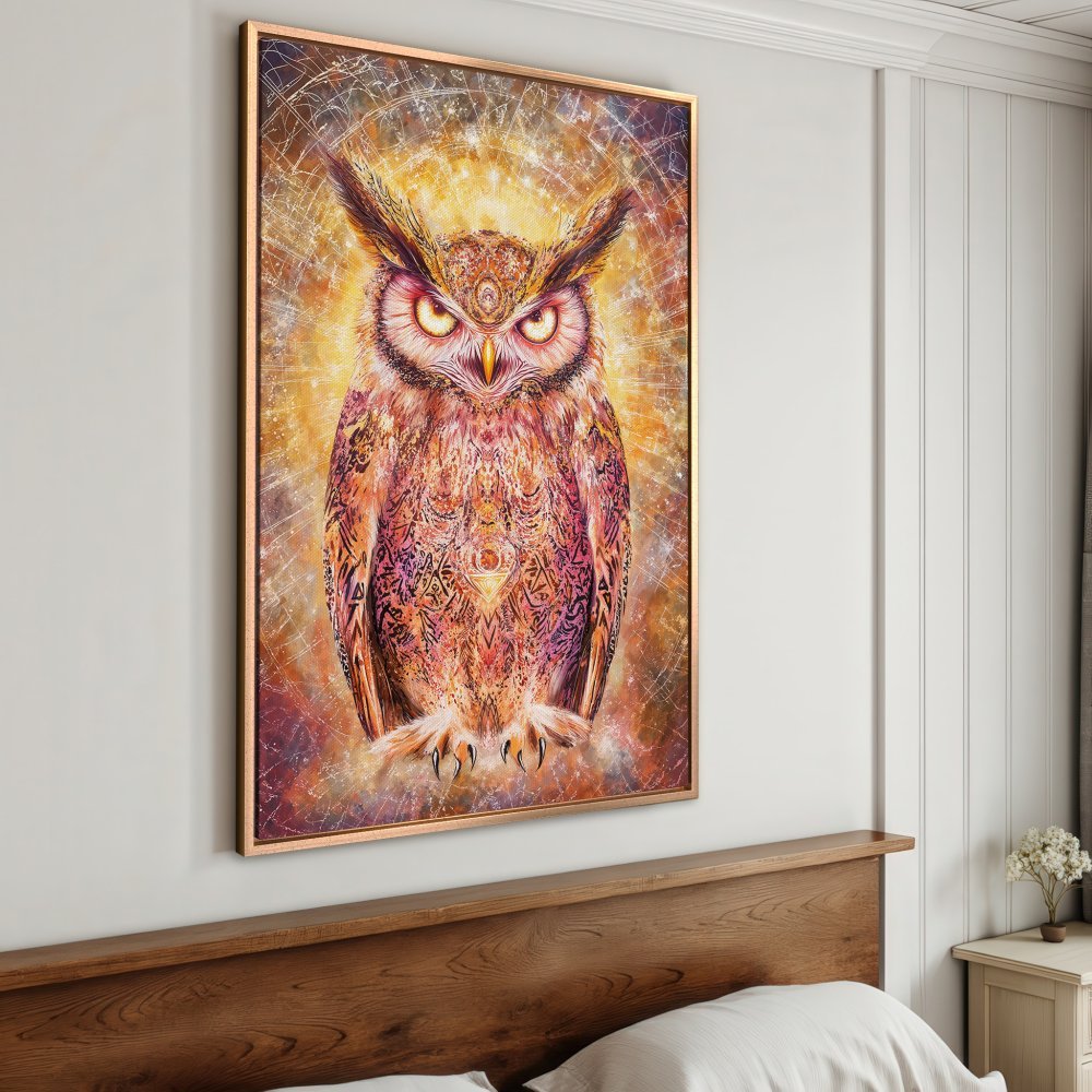 Framed Wall Art: Majestic owl art print in warm orange and gold tones. Transform your space with this stunning, spiritual canvas print.