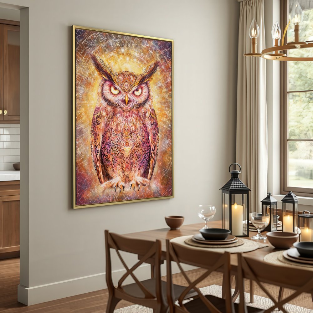 Canvas Print: Majestic owl artwork in warm, earthy tones. Psychedelic style wall art perfect for adding a unique touch to your home decor.