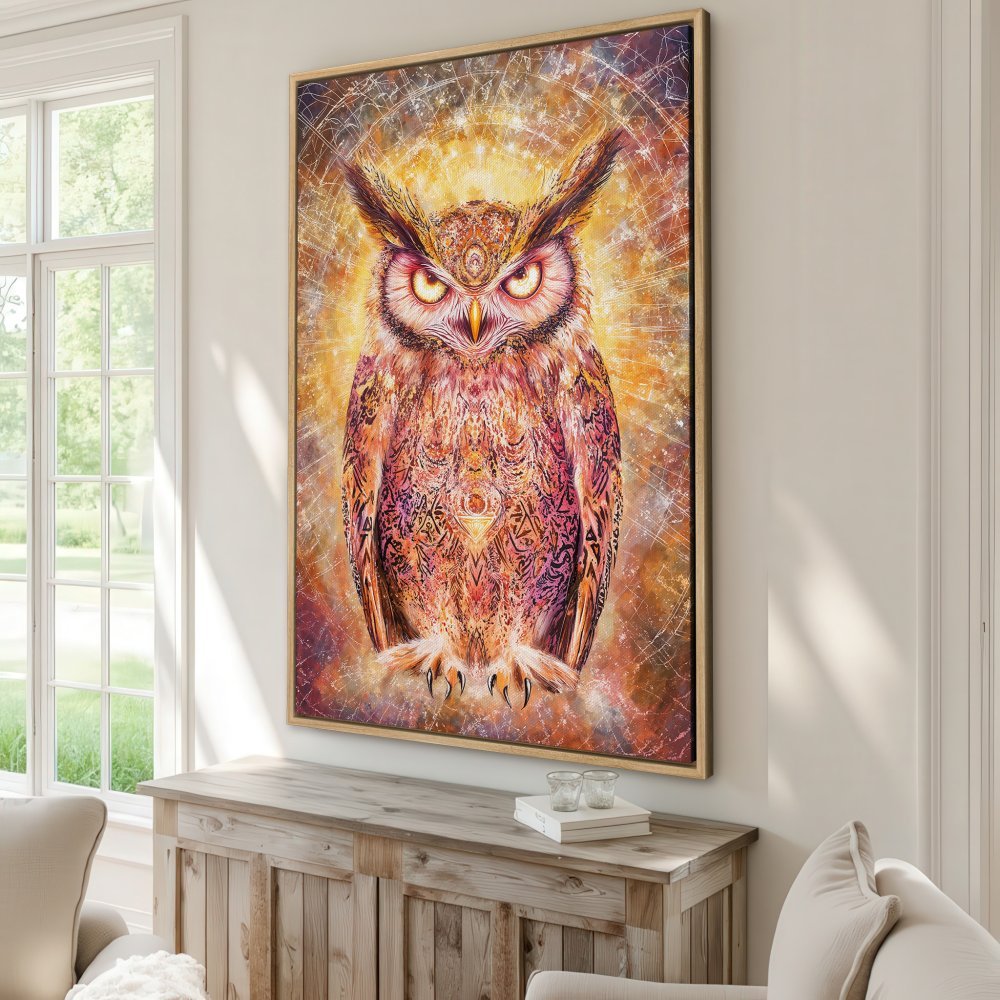 Framed Wall Art: Majestic owl canvas print in warm orange and purple hues. Transform your space with this stunning, detailed artwork.