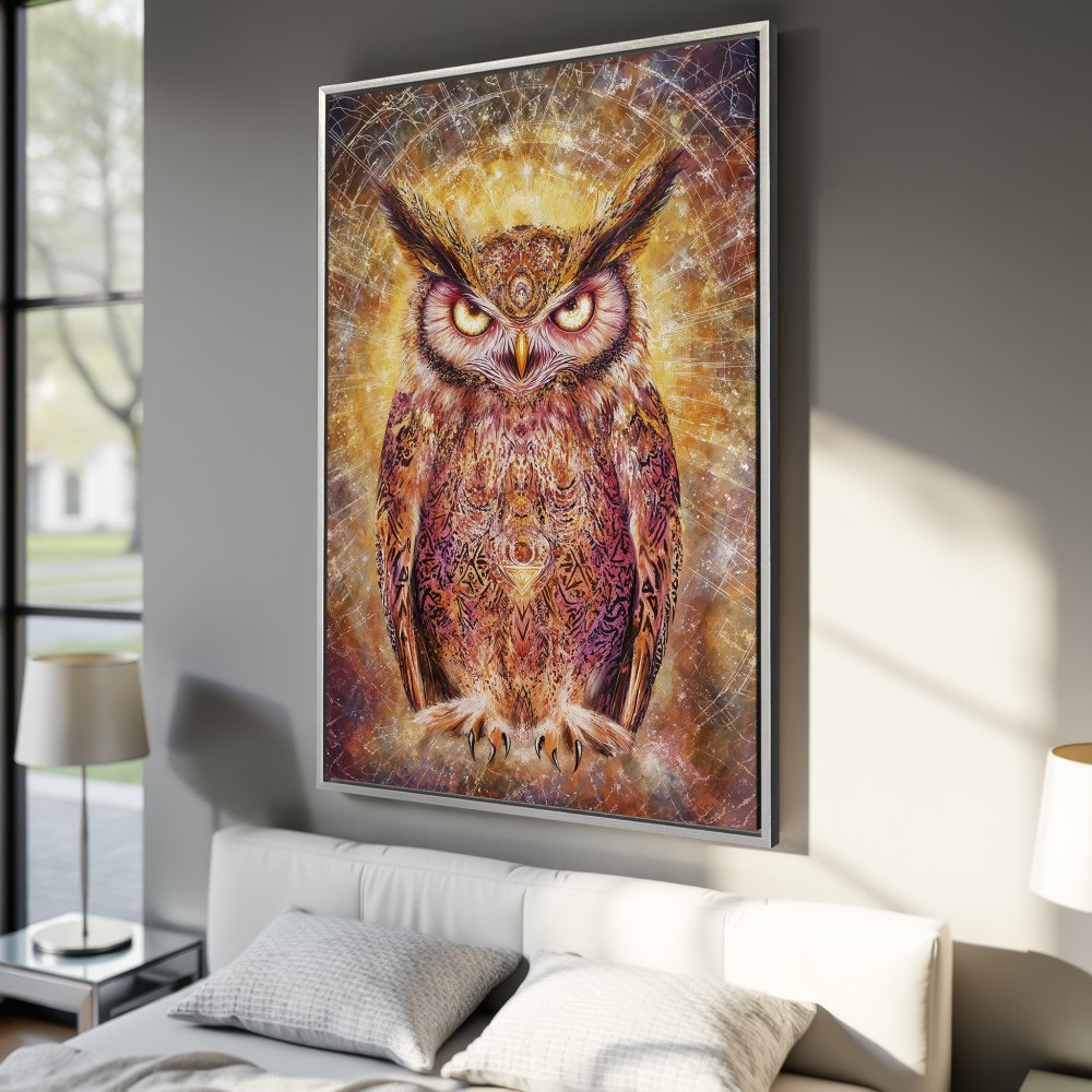 Framed Wall Art: Majestic owl art print in warm, earthy tones. Add a touch of mystical elegance to your space. Shop now for unique home decor!