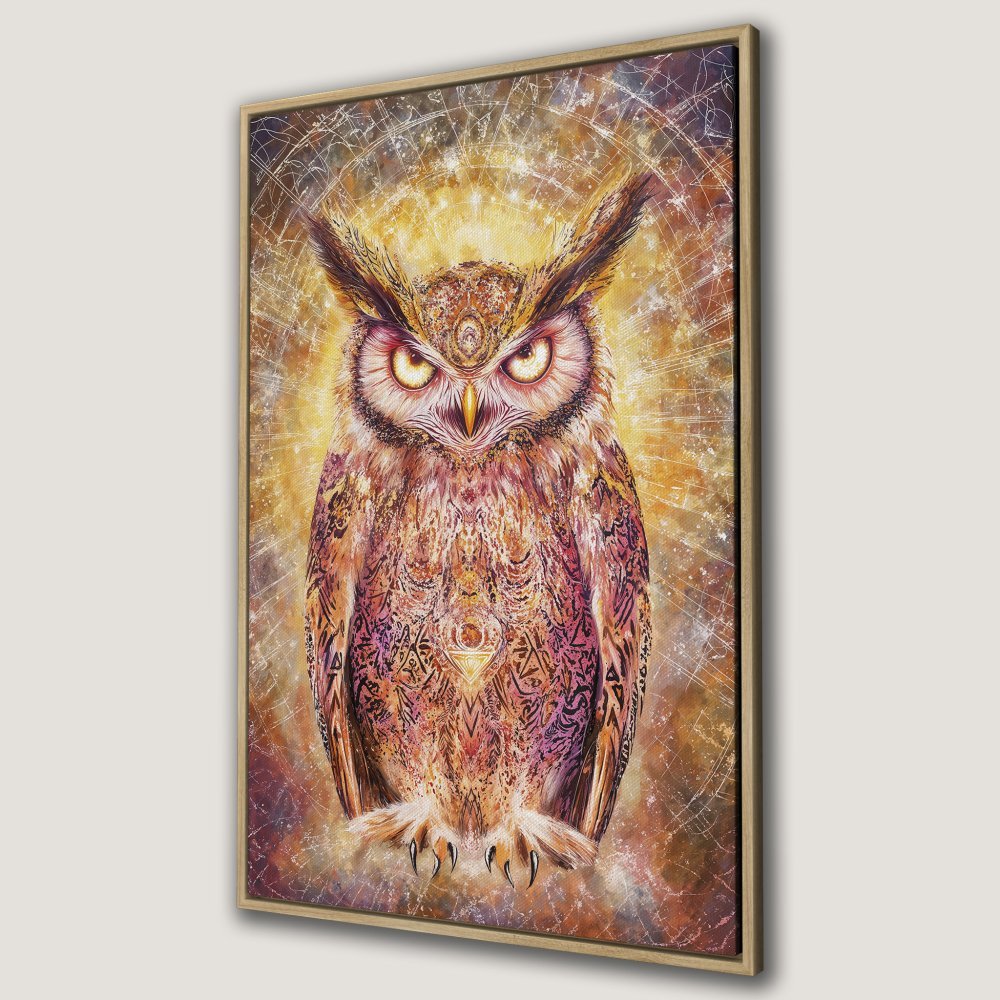 Framed Wall Art: Majestic owl canvas print in warm gold and purple tones. Psychedelic art style, perfect for adding a unique touch to your home decor.