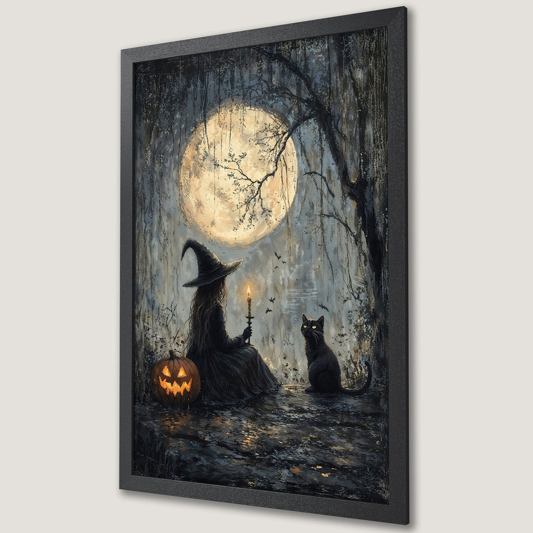 Framed Poster of a witch with a cat and jack-o'-lantern under a full moon. Dark, moody style with a muted color palette perfect for Halloween decor.