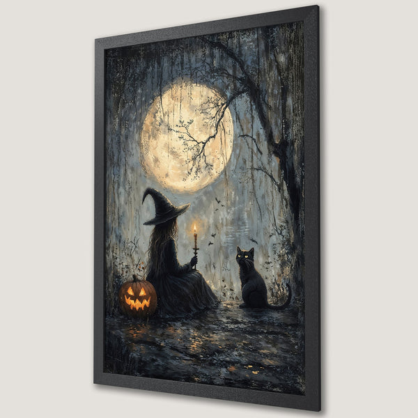 Framed Poster of a witch with a cat and jack-o'-lantern under a full moon. Dark, moody style with a muted color palette perfect for Halloween decor.
