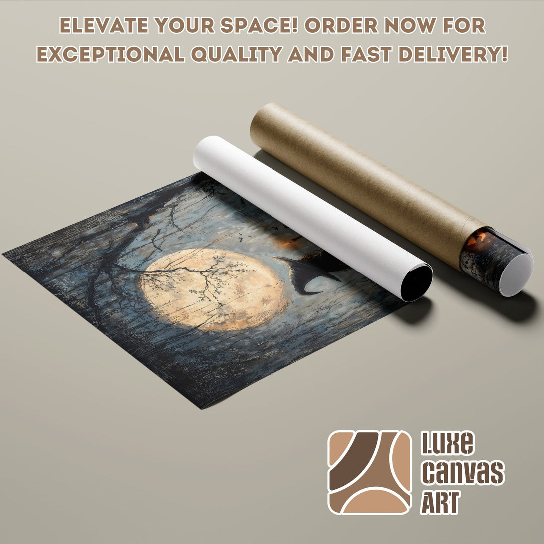 Poster Roll featuring a night scene with a full moon, dark blue and beige palette. Order your art today!