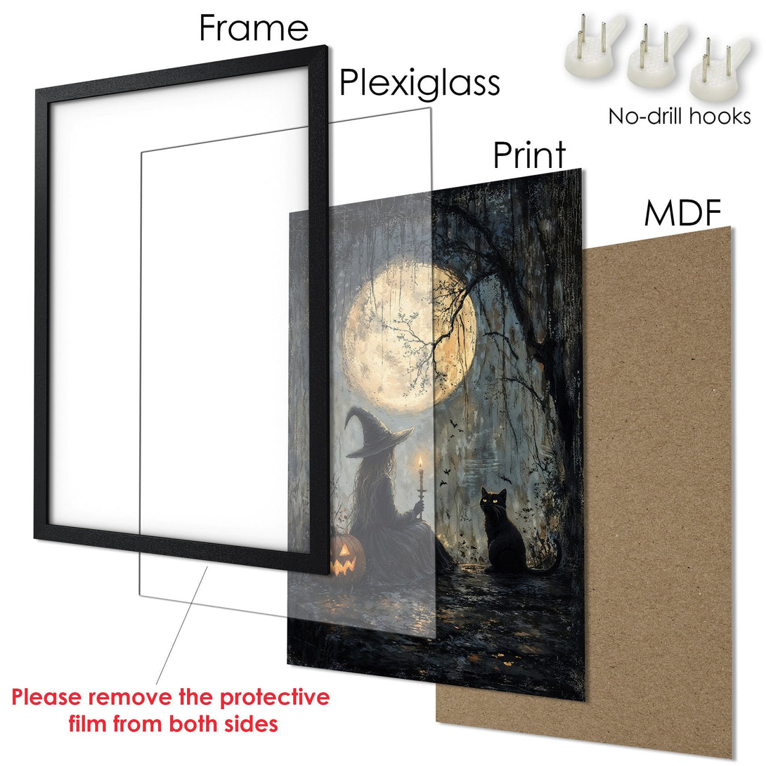 Framed Poster featuring a witch and black cat in a dark, moody style with a blue and yellow color palette. Perfect Halloween decor!