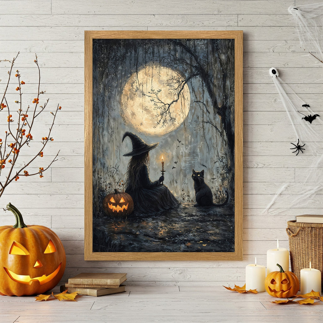 Framed Poster featuring a witch and black cat under a full moon. Spooky art in a dark, moody color palette. Perfect Halloween decor.