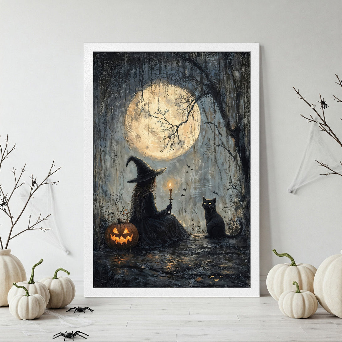 Framed Poster: Witch with black cat, Halloween art print in dark, moody tones. Perfect spooky decor for your home.