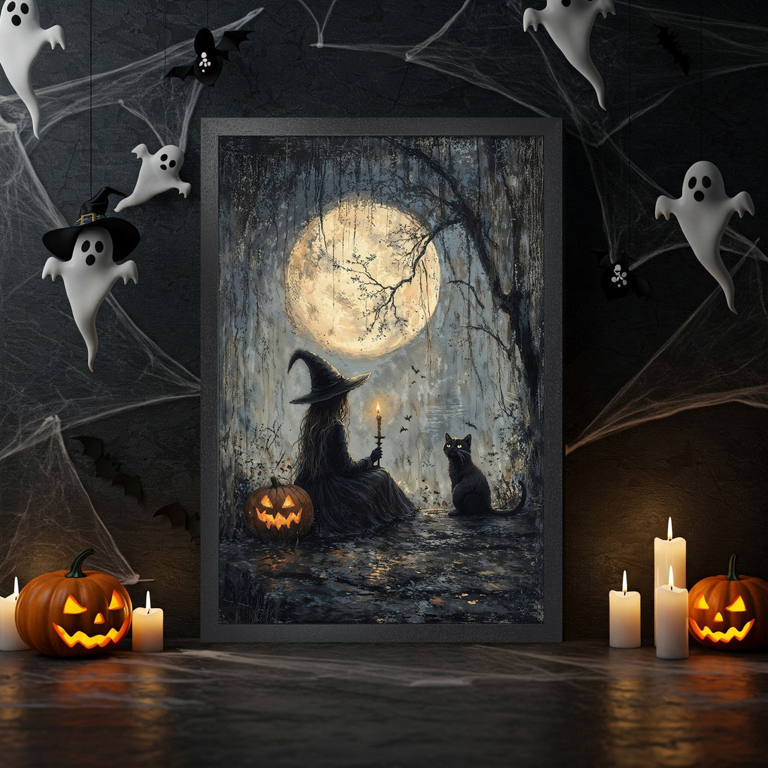 Framed Poster featuring a witch and black cat under a full moon, in a dark, gothic style with a moody blue and orange palette.