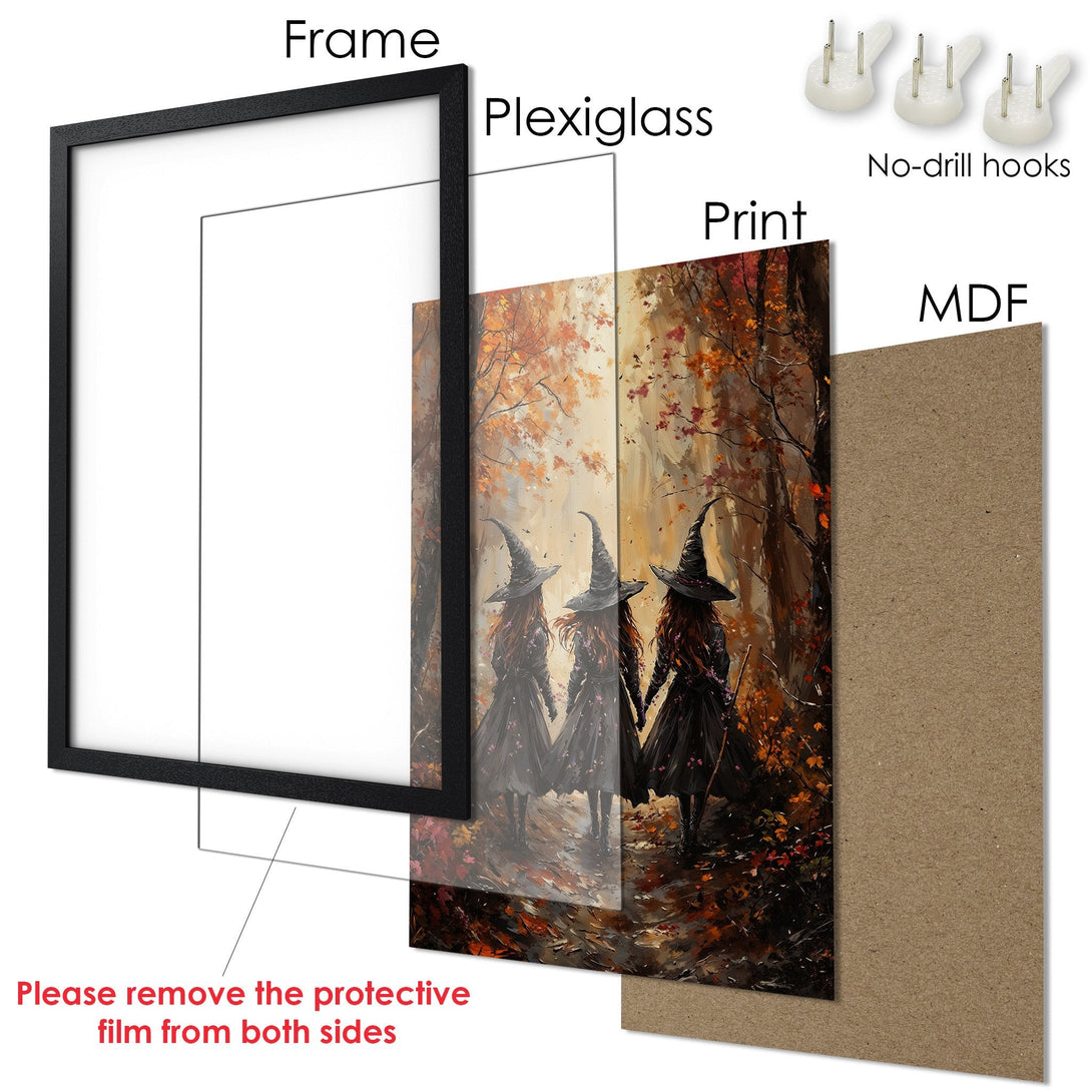 Framed Poster featuring witches in a forest, with a warm autumn color palette. Perfect wall art for your home!