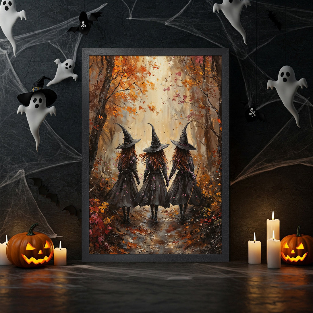 Framed Poster featuring three witches walking in an autumn forest, with a warm color palette. Perfect Halloween decor!