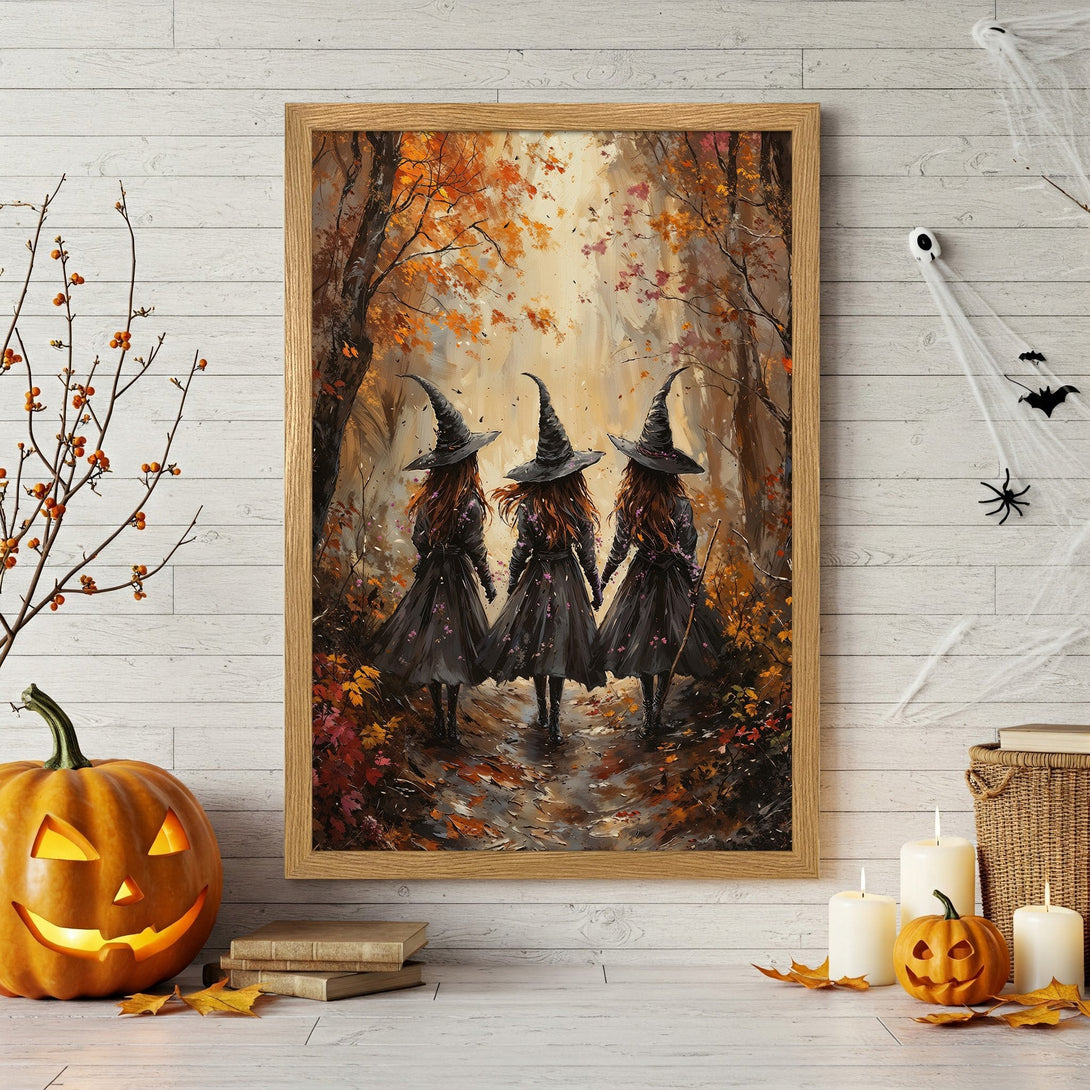 Framed Poster featuring three witches in a forest, warm autumn colors. Perfect Halloween decor!