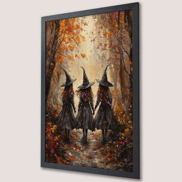 Framed Poster featuring three witches in a forest, autumnal colors, impressionist style. Perfect Halloween decor!
