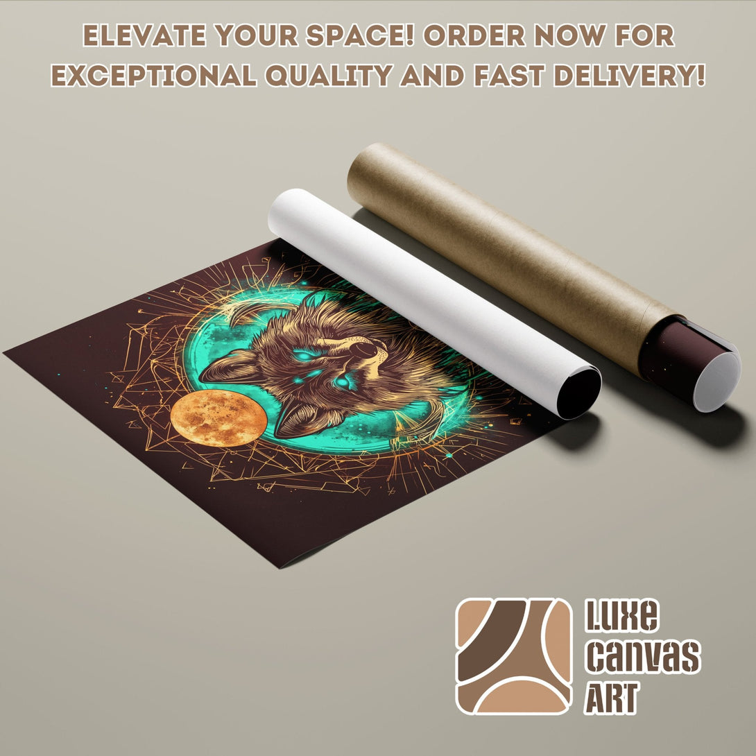 Poster Roll featuring a wolf design in a mystical style with teal, brown, and gold tones. Order your art poster today!
