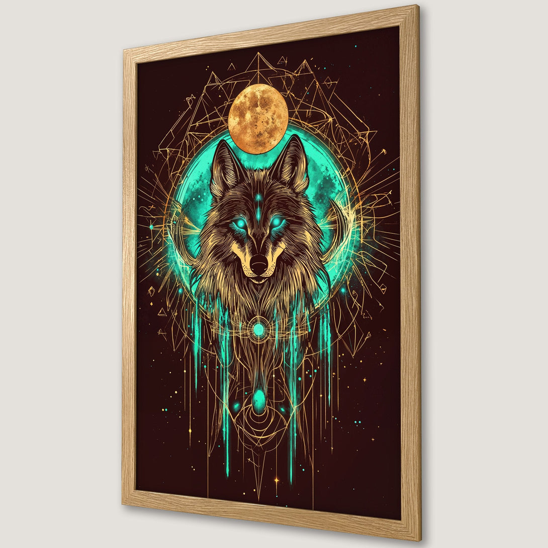 Framed Poster featuring a mystical wolf illustration in a dark, teal, and gold color palette. Perfect wall art!